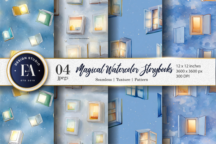 Watercolor Books Opening to Glowing Scenes Digital Paper