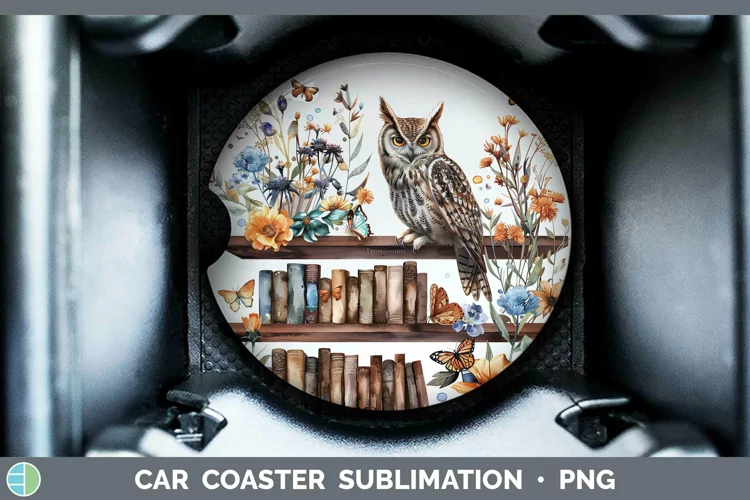 Watercolor Books Owl Car Coaster Sublimation Coaster Designs