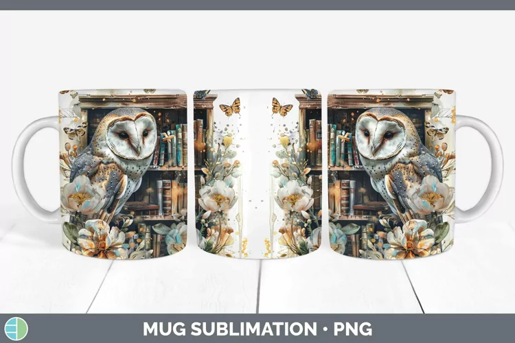 Watercolor Books Owl Mug Wrap Sublimation Coffee Cup Designs