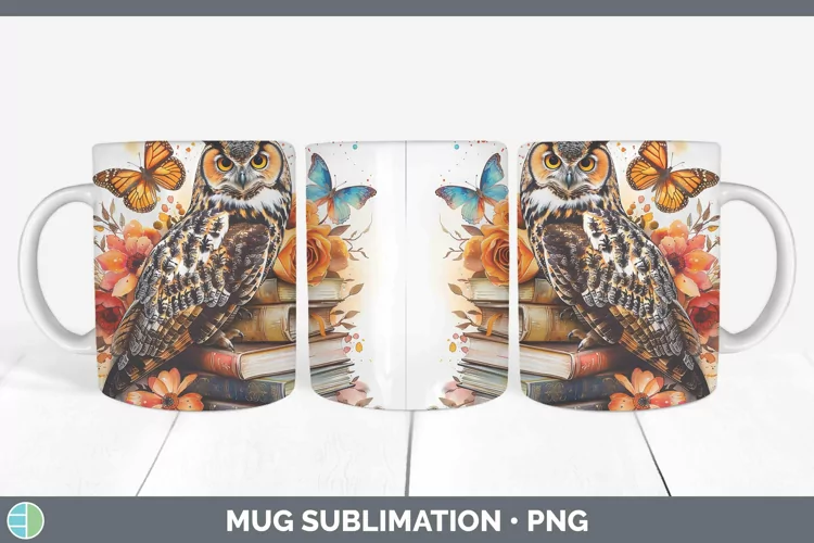 Watercolor Books Owl Mug Wrap Sublimation Coffee Cup Designs