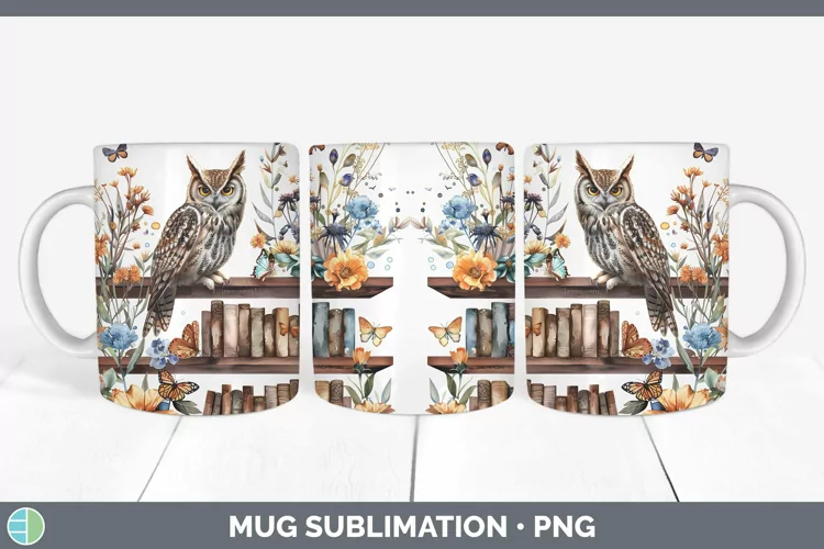 Watercolor Books Owl Mug Wrap Sublimation Coffee Cup Designs