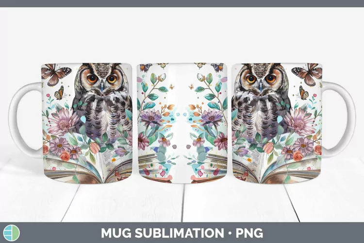 Watercolor Books Owl Mug Wrap Sublimation Coffee Cup Designs
