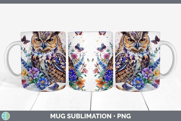 Watercolor Books Owl Mug Wrap Sublimation Coffee Cup Designs
