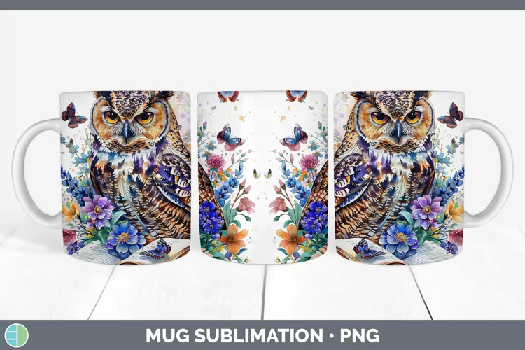 Watercolor Books Owl Mug Wrap Sublimation Coffee Cup Designs