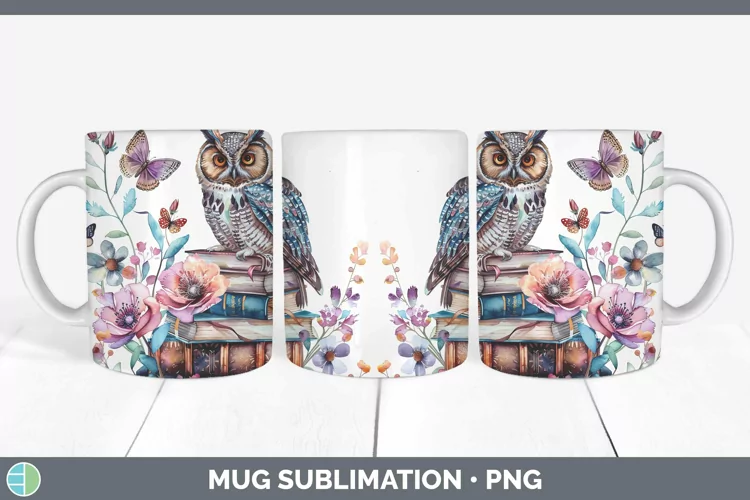 Watercolor Books Owl Mug Wrap Sublimation Coffee Cup Designs