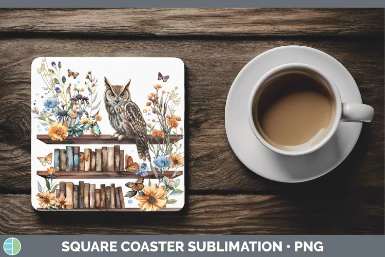 Watercolor Books Owl Square Coaster Sublimation Coaster Desi