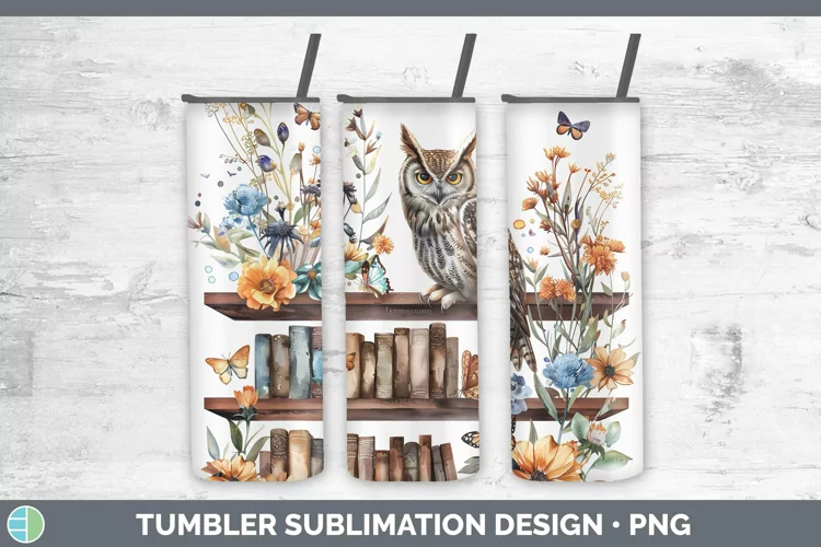 Watercolor Books Owl Tumbler Sublimation 20 oz Skinny Tumble