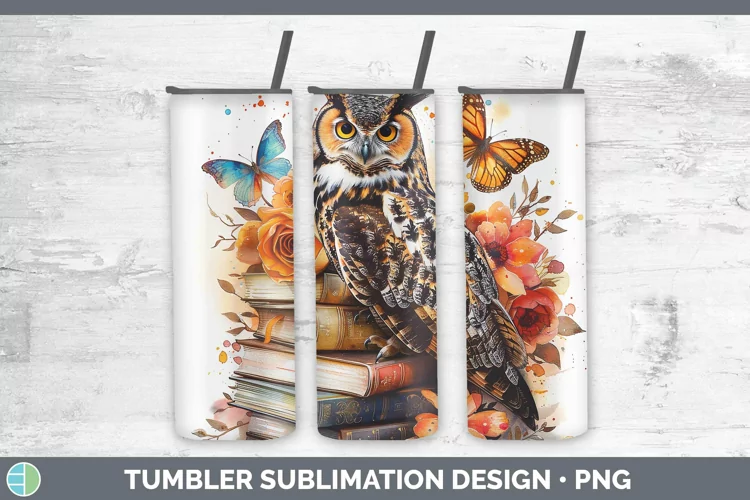 Watercolor Books Owl Tumbler Sublimation 20 oz Skinny Tumble