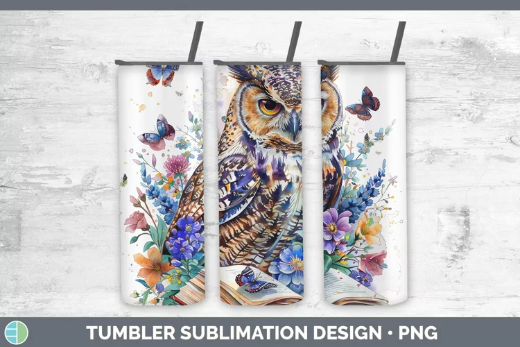 Watercolor Books Owl Tumbler Sublimation 20 oz Skinny Tumble