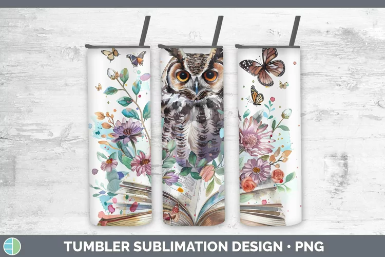 Watercolor Books Owl Tumbler Sublimation 20 oz Skinny Tumble