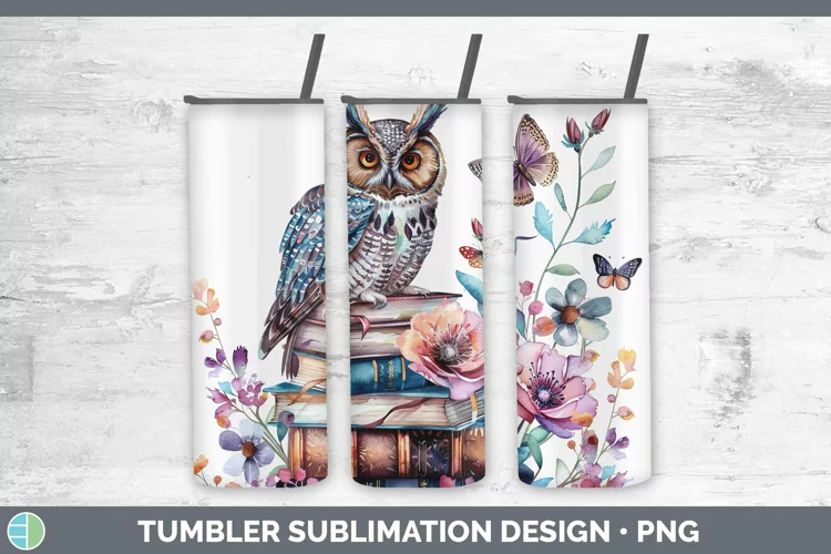 Watercolor Books Owl Tumbler Sublimation 20 oz Skinny Tumble