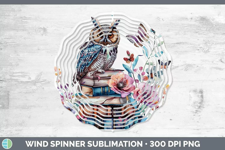 Watercolor Books Owl Wind Spinner Sublimation Spinner Design