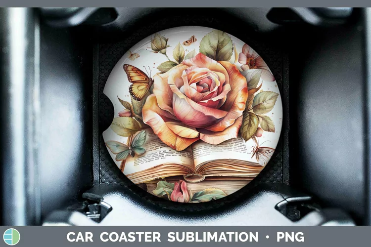 Watercolor Books Rose Car Coaster Sublimation Coaster Design
