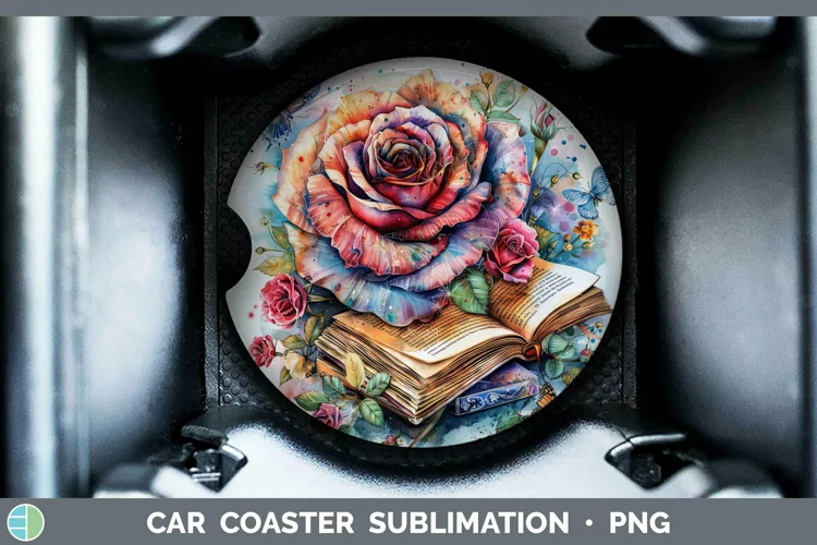 Watercolor Books Rose Car Coaster Sublimation Coaster Design