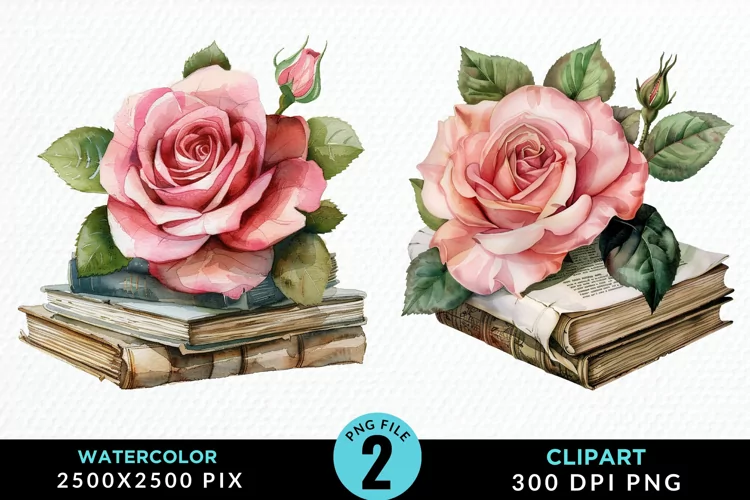 Watercolor Books Rose Illustration Clipart