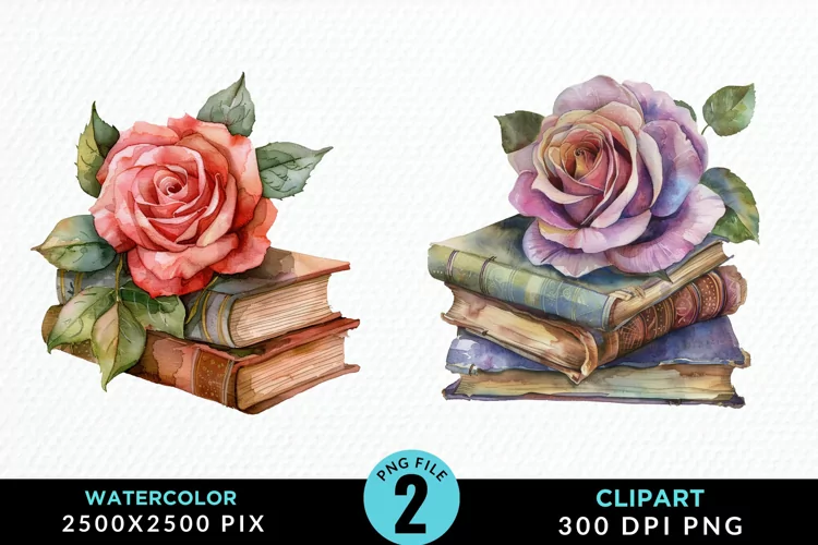 Watercolor Books Rose Illustration Clipart