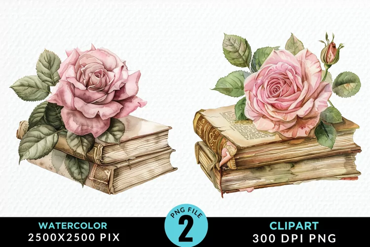 Watercolor Books Rose Illustration Clipart
