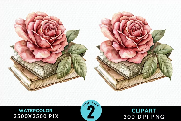 Watercolor Books Rose Illustration Clipart