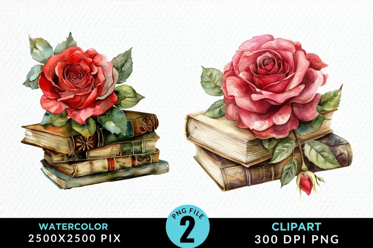 Watercolor Books Rose Illustration Clipart