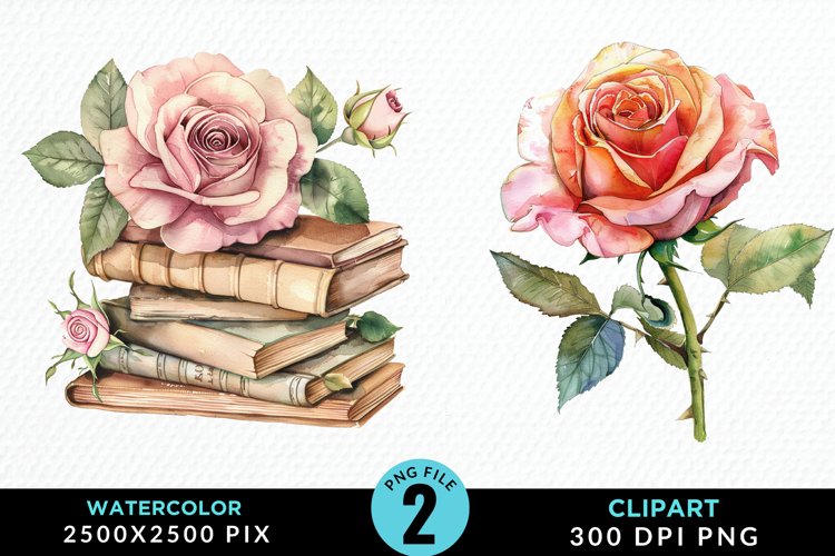 Watercolor Books Rose Illustration Clipart example image 1