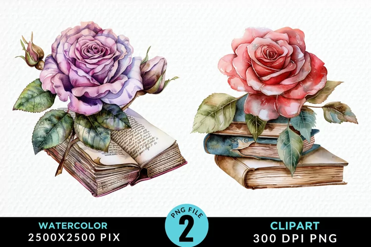 Watercolor Books Rose Illustration Clipart