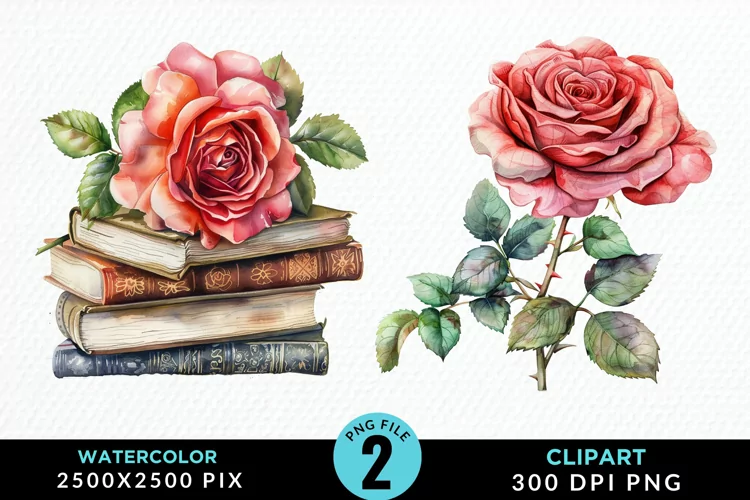 Watercolor Books Rose Illustration Clipart