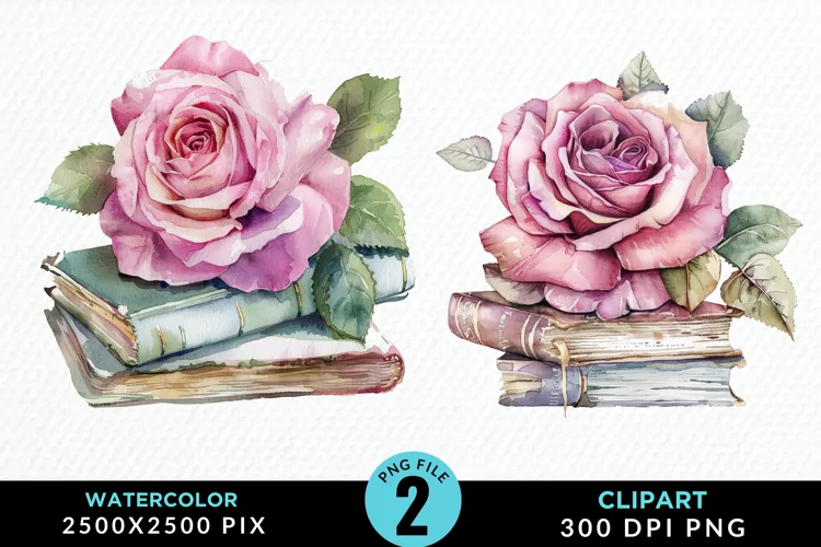 Watercolor Books Rose Illustration Clipart