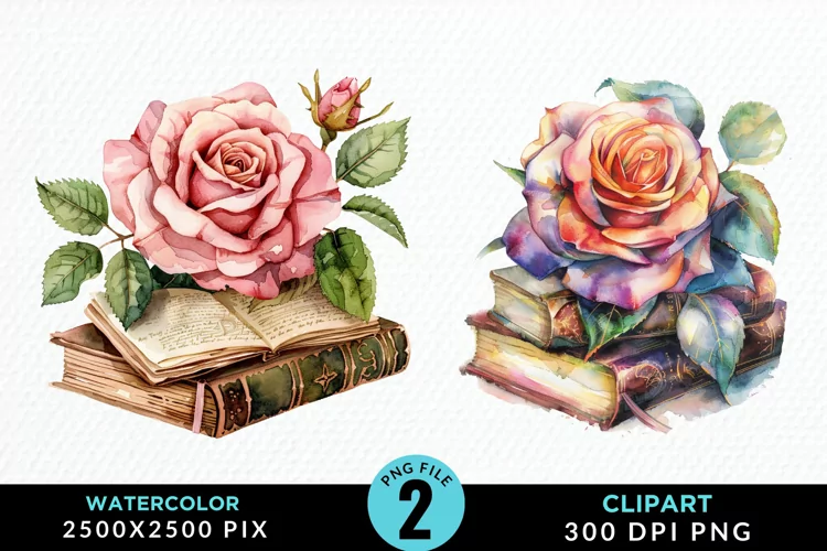 Watercolor Books Rose Illustration Clipart