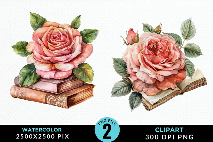 Watercolor Books Rose Illustration Clipart