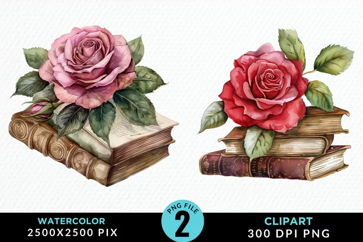 Watercolor Books Rose Illustration Clipart