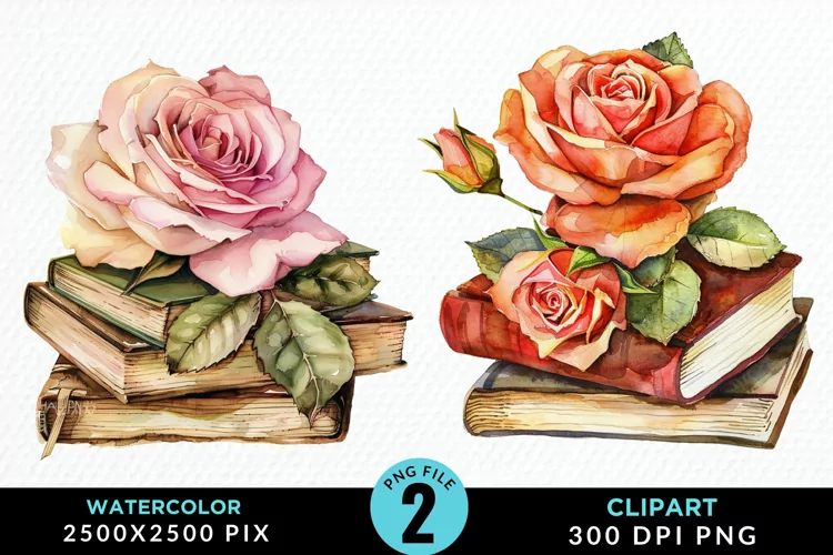 Watercolor Books Rose Illustration Clipart
