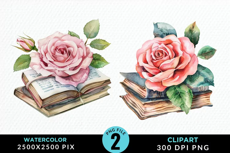 Watercolor Books Rose Illustration Clipart