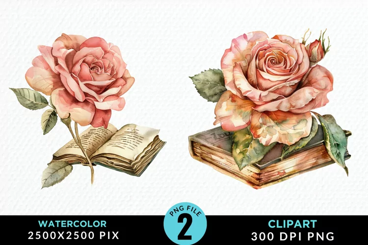 Watercolor Books Rose Illustration Clipart