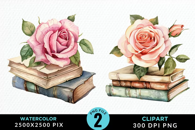 Watercolor Books Rose Illustration Clipart