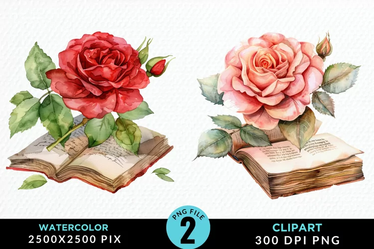 Watercolor Books Rose Illustration Clipart