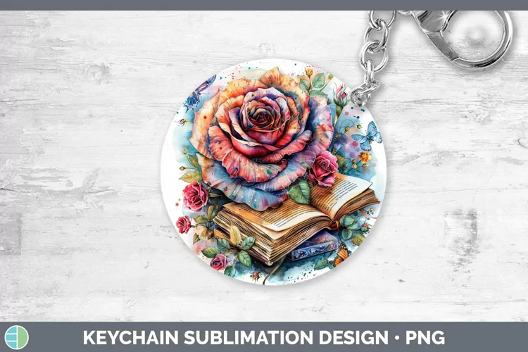 Watercolor Books Rose Keychain Sublimation Keyring Designs