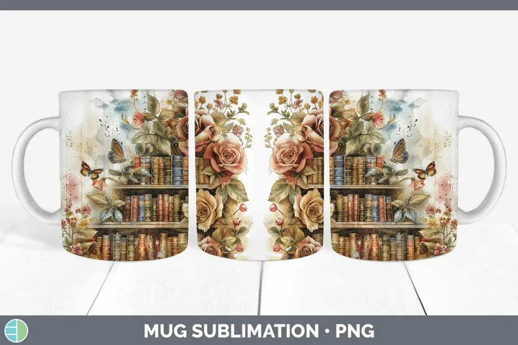 Watercolor Books Rose Mug Wrap Sublimation Coffee Cup Design