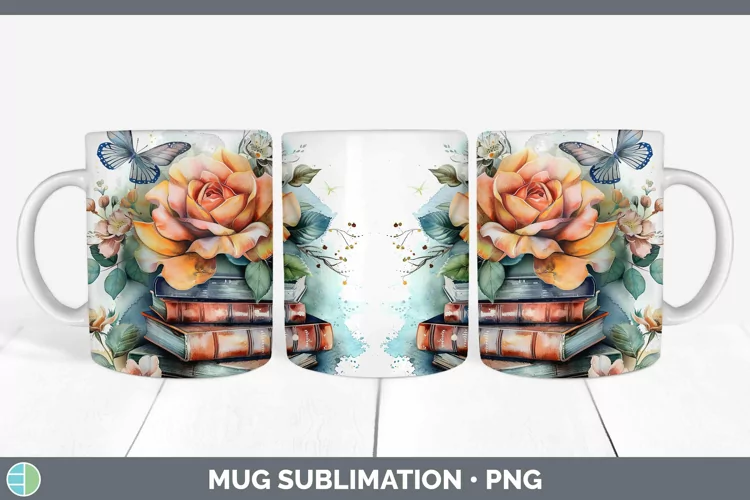 Watercolor Books Rose Mug Wrap Sublimation Coffee Cup Design