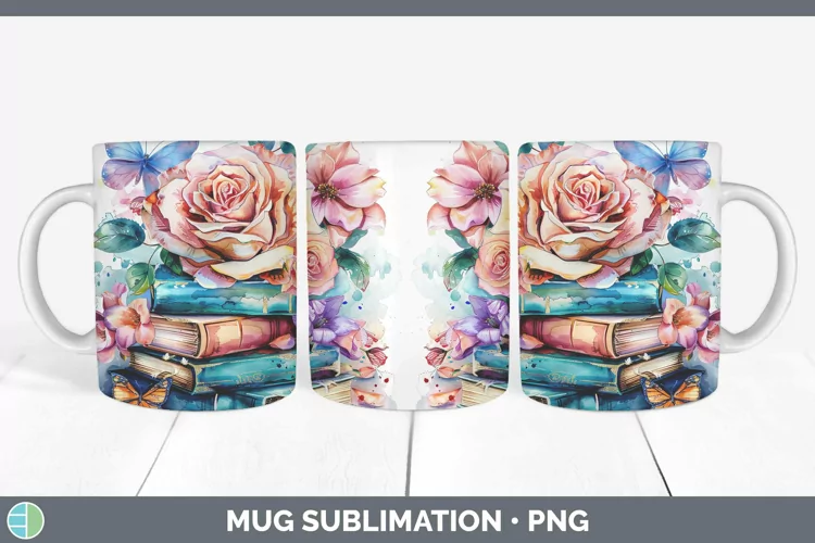 Watercolor Books Rose Mug Wrap Sublimation Coffee Cup Design