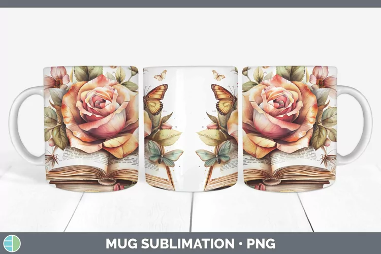 Watercolor Books Rose Mug Wrap Sublimation Coffee Cup Design