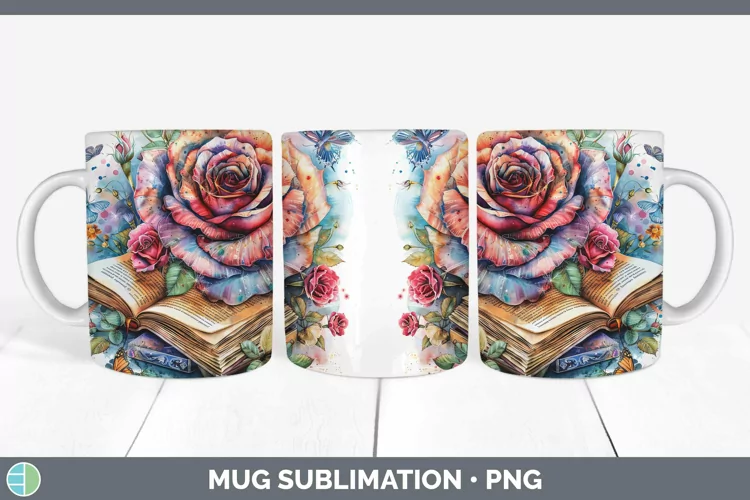 Watercolor Books Rose Mug Wrap Sublimation Coffee Cup Design