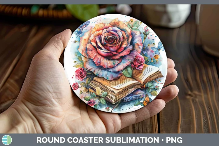 Watercolor Books Rose Round Coaster Sublimation Coaster Desi
