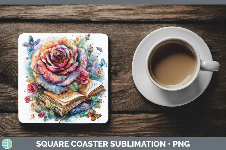 Watercolor Books Rose Square Coaster Sublimation Coaster Des