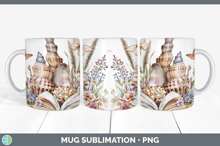 Watercolor Books Seashell Mug Wrap Sublimation Coffee Cup De