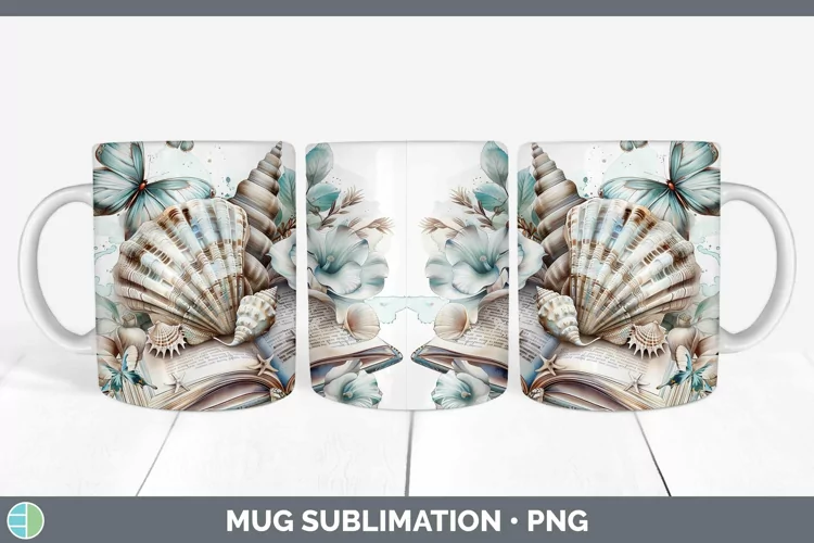 Watercolor Books Seashell Mug Wrap Sublimation Coffee Cup De