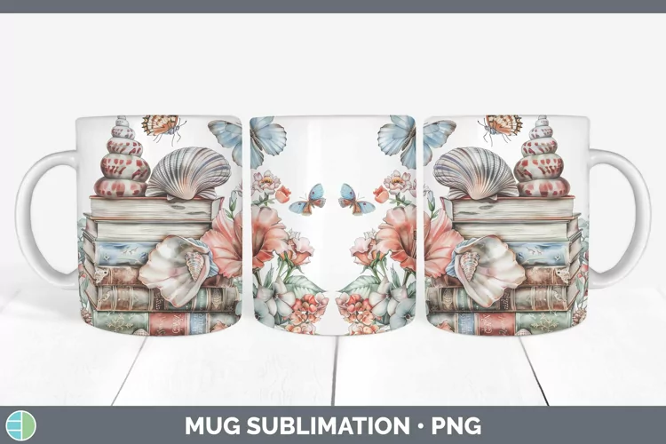 Watercolor Books Seashell Mug Wrap Sublimation Coffee Cup De
