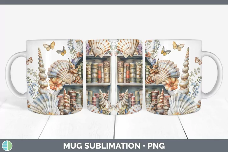 Watercolor Books Seashell Mug Wrap Sublimation Coffee Cup De
