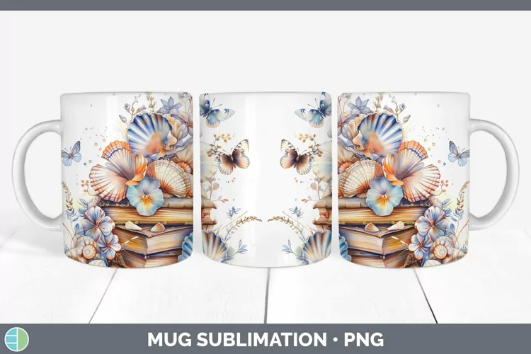 Watercolor Books Seashell Mug Wrap Sublimation Coffee Cup De