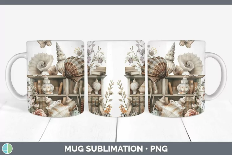 Watercolor Books Seashell Mug Wrap Sublimation Coffee Cup De