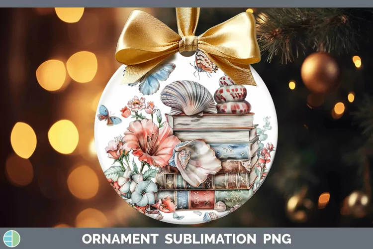 Watercolor Books Seashell Ornament Sublimation Bauble Design